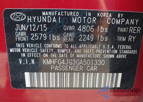 2016 Hyundai Azera z USA, uszkodzony, nr VIN KMHFG4JG3GA501330